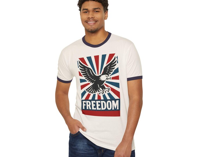 Vintage Freedom Eagle Ringer T-Shirt Patriotic Independence Day Tee Americana Unisex Top Fourth of July Shirt