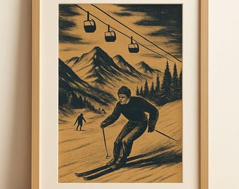 Vintage Skiing Trio: Set of 3 Digital Prints in Navy and Tan - Skier, Ski Lodge, Skis in Snow