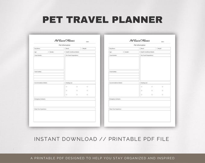 Pet Travel Planner Digital Download – Printable Organizer for Road Trips & Flights, Travel Prep Guide