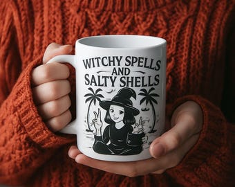 Witchy Beach Ceramic Mug 11oz – Halloween Vibes Coffee Cup, Coastal Wiccan Tea Mug, Salty Shells Spooky Decor Gift