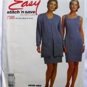 McCall&#39;s Easy Stitch &#39;N Save Pattern 7388 Misses&#39; Chaqueta sin forro y tamaño de vestido 8-10-12-14