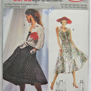 Puede incluir: Un patrón de costura para un vestido con fondo blanco y estampado floral, una falda de lunares negros y blancos y una camisa blanca abotonada. El patrón está etiquetado como "Collection burda Speciale 5958" e incluye las tallas 34-46 y 8-20.