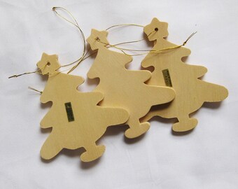 Set of 3 Wood Unpainted Ornaments Christmas Tree W/Star 3 1/2"
