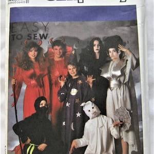 May include: Simplicity sewing pattern number 304, featuring five Halloween costumes: a red devil, a witch, a vampire, a ghost, and a ninja. The pattern is labeled "Easy to Sew" and includes instructions for sizes X-Small to Large.
