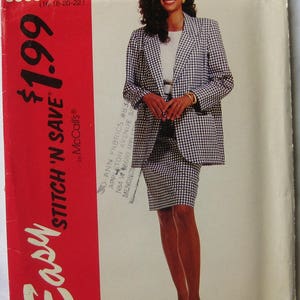 May include: A black and white gingham blazer and skirt set. The blazer has a notched collar and long sleeves. The skirt is a pencil skirt that hits just above the knee. The model is wearing white tights and black and white heels. The pattern is a classic gingham check. The image also includes the text "Easy Stitch 'N Save by McCall's" and "6360 Size B (10-18-20-22)".