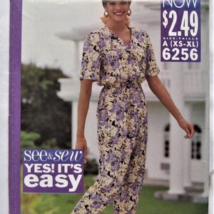 May include: A sewing pattern for a floral jumpsuit. The pattern is for sizes XS-XL and costs $2.49. The pattern number is 6256.