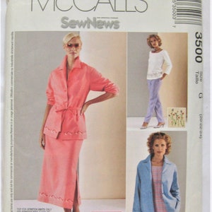 May include: Sewing pattern McCall's SewNews 3500 for size G (20-22-24) featuring two women's outfits. The first outfit is a pink long-sleeved jacket with a matching skirt. The second outfit is a light blue jacket with a white and pink striped shirt and white trousers.