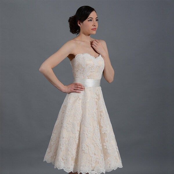 Champagne short lace wedding dress,  strapless wedding dress, alencon lace