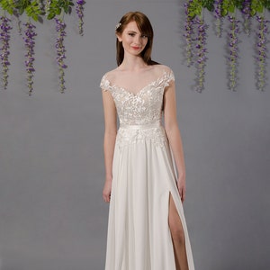 Lace wedding dress boho wedding dress with off the shoulder lace V-back chiffon skirt