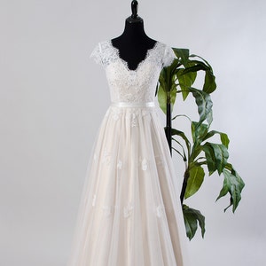 Ready to ship - Beaded wedding dress cap sleeve lace wedding dress boho wedding dress in champagne color, V-back alencon lace