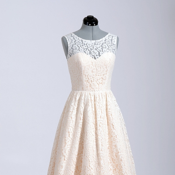 Cotton lace wedding dress in tea length, sleeveless cotton lace