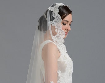 Alencon lace wedding Veil Lace Bridal Veil Cathedral veil Chapel veil