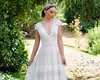 Bohemian wedding dress, boho wedding dress, lace wedding dress, cap sleeve bridal gown