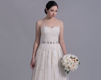 Ready to ship -- Lace wedding dress, wedding dress, bridal gown, strapless alencon lace with tulle skirt.