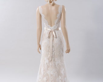 Ready to ship - Lace wedding dress nude wedding dress sleeveless wedding dress boho wedding dress bohemian wedding dress