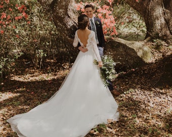 Long sleeve wedding dress with cathedral train ivory lace wedding dress bridal gown