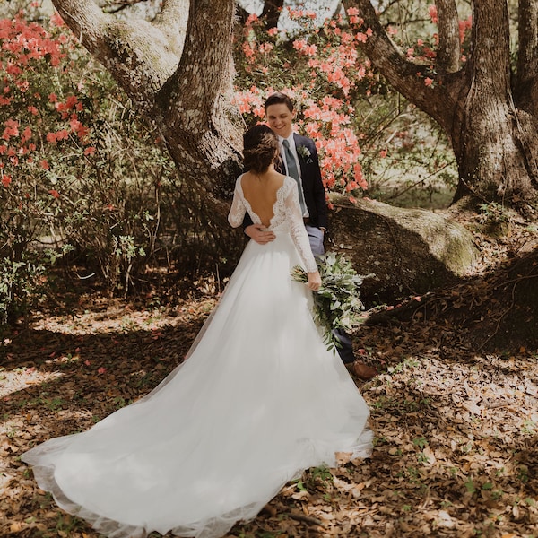 Long sleeve wedding dress with cathedral train ivory lace wedding dress bridal gown