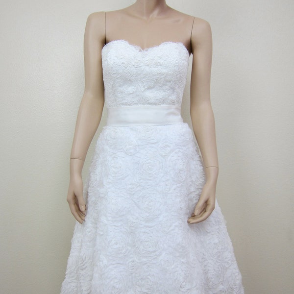 Strapless short lace wedding dress, alencon lace with rosette skirt - sample dress for sale
