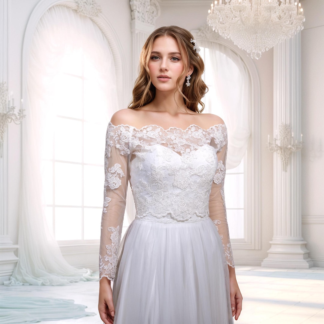 Long Sleeve Beaded Ivory Wedding Dress Topper Off-shoulder Lace Bolero ...