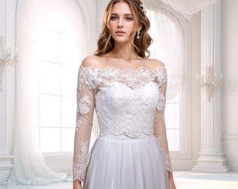 Long sleeve beaded ivory wedding dress topper Off-Shoulder lace bolero wedding bolero