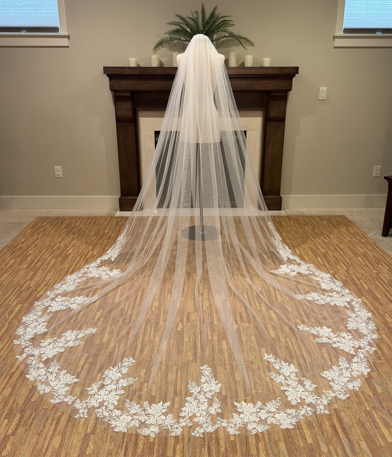 Wedding Veil Lace Bridal Veil Embroidered Lace Veil Cathedral veil Chapel veil image 1