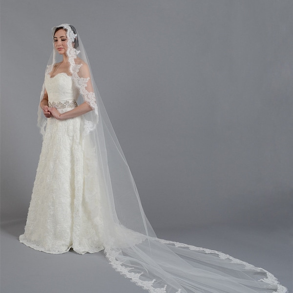 Alencon lace wedding mantilla Veil Lace Bridal Veil Cathedral veil Chapel veil