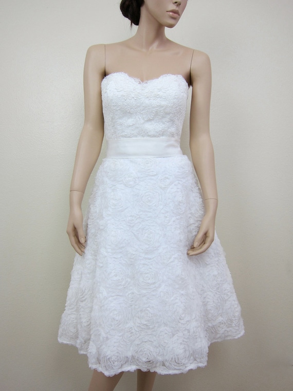 Strapless Short Lace Wedding Dress Alencon Lace With Rosette Etsy