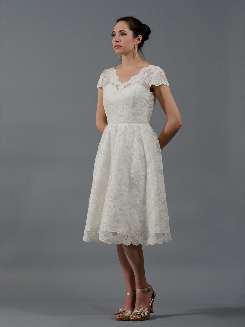 Cap sleeve short lace wedding dress, deep v back wedding dress, alencon lace wedding dress image 1