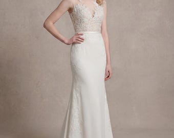 Ready to ship -- boho wedding dress made of alencon lace and crepe skirt