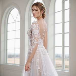 beaded wedding dress top Scoop Neck Silver Crystals Beaded Top Satin Bridal Dress with Lace Panel Train 34 / Off White / Lace