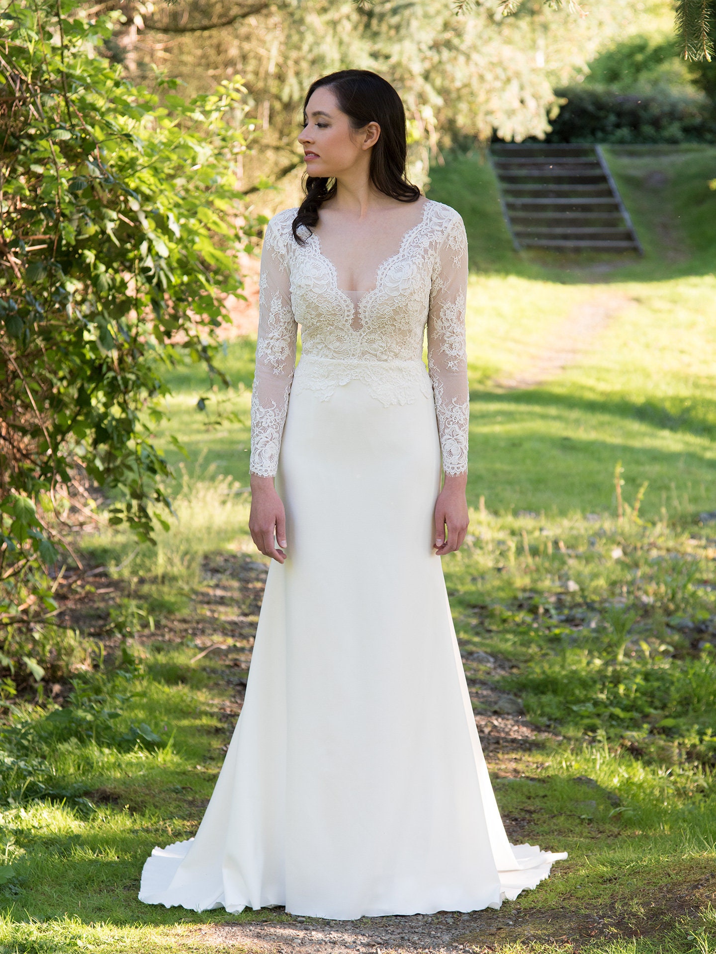 Long sleeve lace wedding dress alencon lace top with crepe skirt fit and flare Long sleeve lace wedding dress alencon lace top with crepe skirt fit and flare