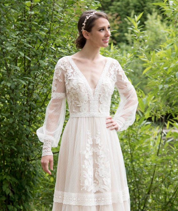 long sleeve lace bohemian wedding dress