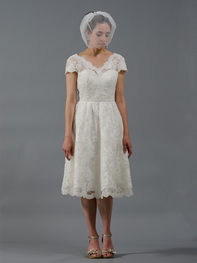 Cap sleeve short lace wedding dress, deep v back wedding dress, alencon lace wedding dress image 2