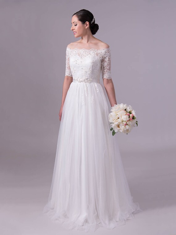 Off Shoulder Lace Wedding Dress In Ivory Color Alencon Lace Etsy