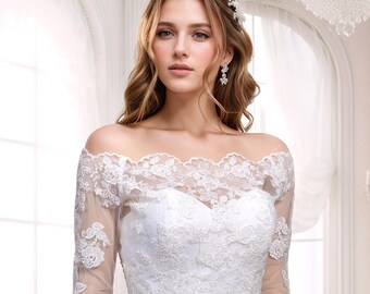 Vestido de novia de manga larga con cuentas color marfil, bolero de