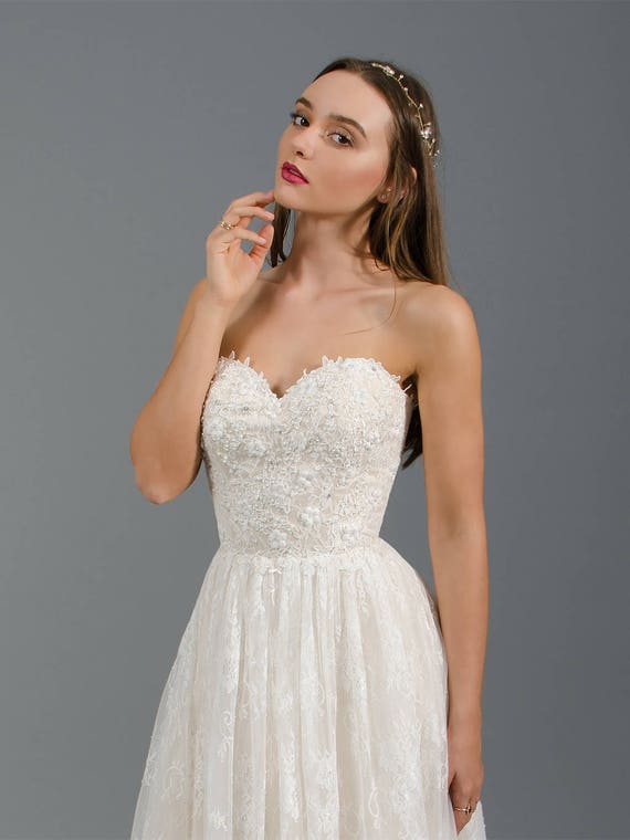 Vestido de novia sin tirantes, vestido de novia de encaje, vestido