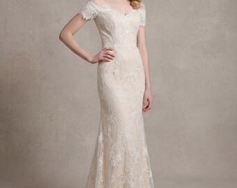 Ready to ship -- off shoulder lace wedding dress made of alencon lace