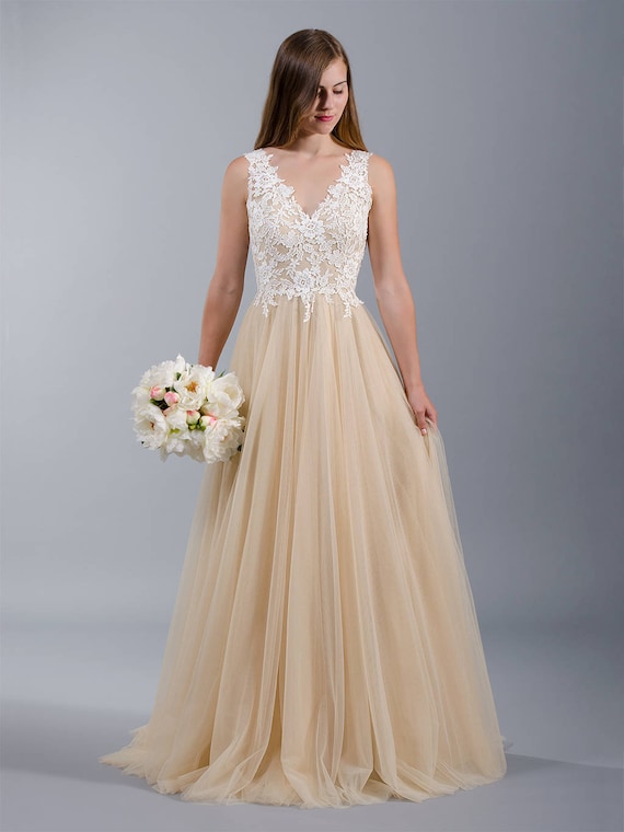 Lace Wedding Dress Nude Wedding Dress Sleeveless Wedding Dress Etsy