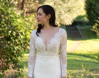 Long sleeve lace wedding dress alencon lace top with crepe skirt fit and flare