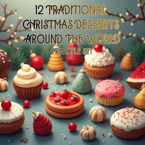 Puede incluir: Imagen de 12 postres navideños tradicionales de todo el mundo. Presenta una variedad de coloridos pasteles en miniatura, como cupcakes y galletas, junto con rodajas de fruta, dispuestos sobre una superficie azul claro.