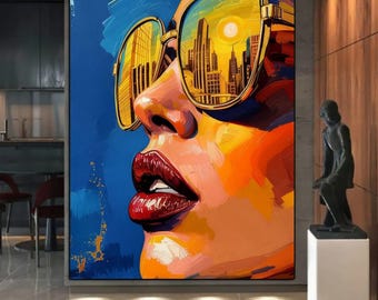 Bold Pop Art Woman Poster, Urban City Reflection Wall Art, Bright Modern Illustration