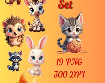 Cartoon Animals Clipart Set: 18 PNG Images (Digital Download