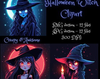Witch Clipart – Halloween PNG Illustrations, 12 Designs (Digital Download)