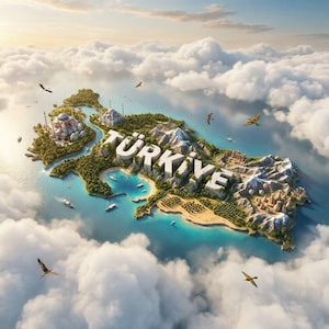 May include: A stylized map of Turkey, rendered as an island floating in the sky, surrounded by clouds. The word "TÜRKIYE" is prominently displayed in large, white letters. The island features detailed landscapes, buildings, and boats.