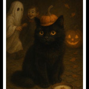 Może przedstawiać: Czarny kot z pomarańczowymi oczami siedzi przed miską mleka, nosząc mały kapelusz z dyni. W tle wyrzeźbiona latarnia z dyni i dziecko w kostiumie ducha. Obraz ma motyw vintage Halloween.