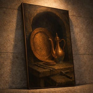 May include: A framed still life painting featuring copper-toned objects. A large plate, a small pitcher, and a set of utensils are arranged on a stone surface. The artwork has a warm, sepia-toned color palette, with a dark background.