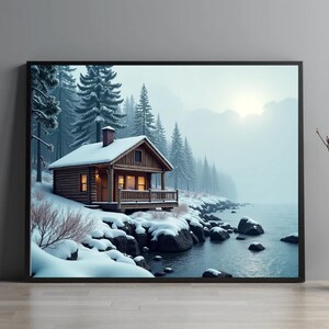 Snowy Coastal Cabin Scene, Nordic Wall Art Print, Scandinavian Winter Decor, Rustic Cabin Poster, Digital Download