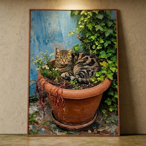 May include: A framed painting depicts a tabby cat curled up in a large terracotta flower pot filled with soil, small yellow flowers, and greenery. The background features a textured blue wall with ivy. The artwork is set in a brown wooden frame.