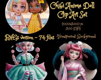Chibi Anime Doll Clip Art Set | Kawaii Girl PNG Files | 300 DPI | Transparent Background