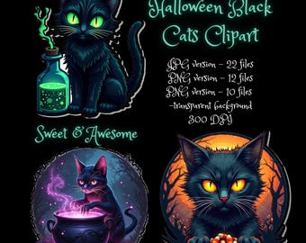 Halloween Black Cat Clipart: Spooky Witch Graphics (Digital Download, PNG JPG